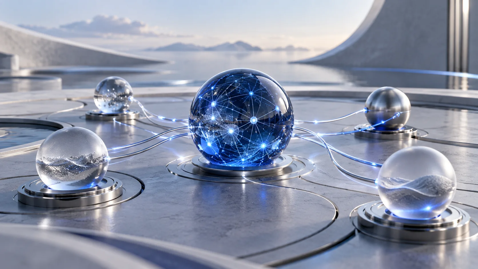 Conceptual illustration of a blue neural network connecting translucent glass nodes.
